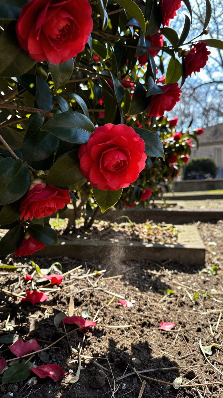 Waxy Red Camellia Flowers in Spring in among terraced garden plots near Lyon