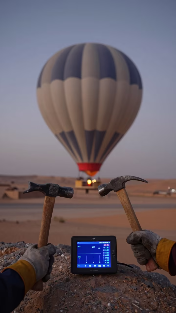 Weather Balloon Launch in Riyadh Desert Dawn in along a rocky geology outcrop near Riyadh