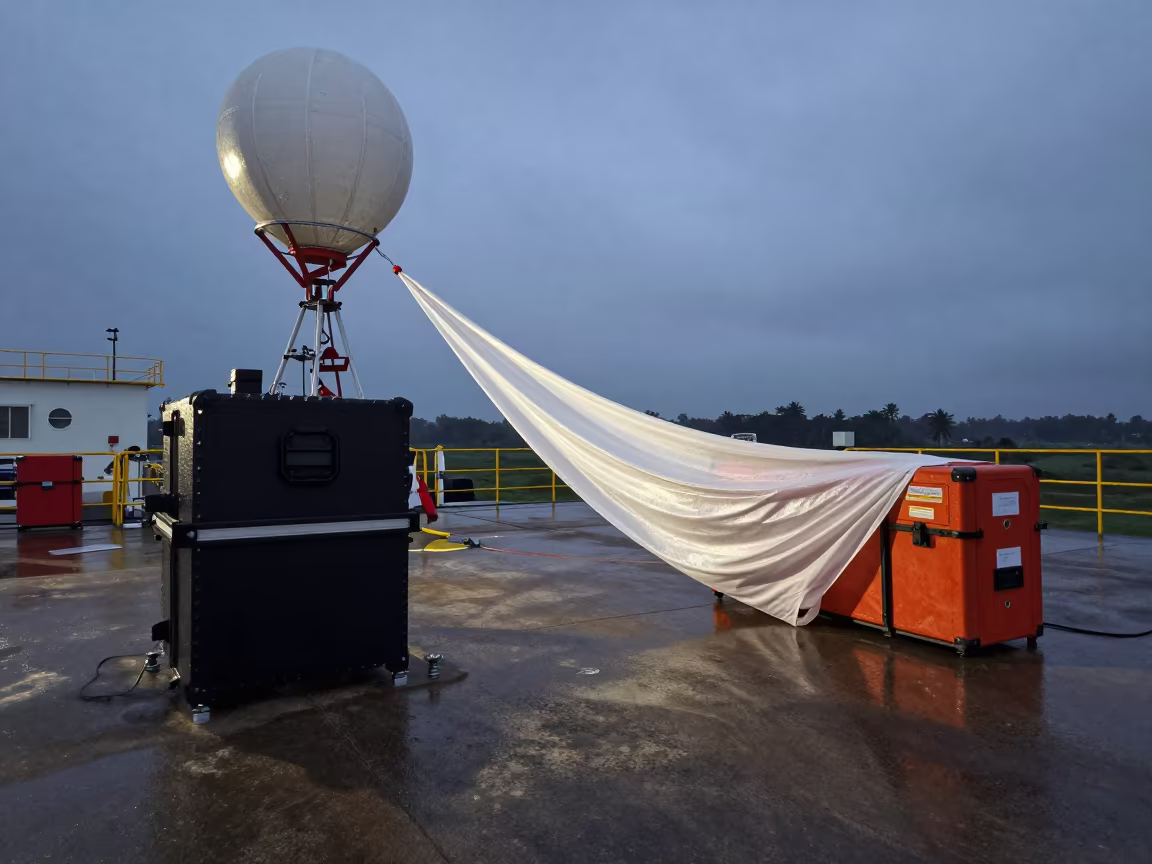 Weather Balloon Launch Tarp Snapping in Dawn Wind in on a wind-scoured research platform near Thiruvananthapuram