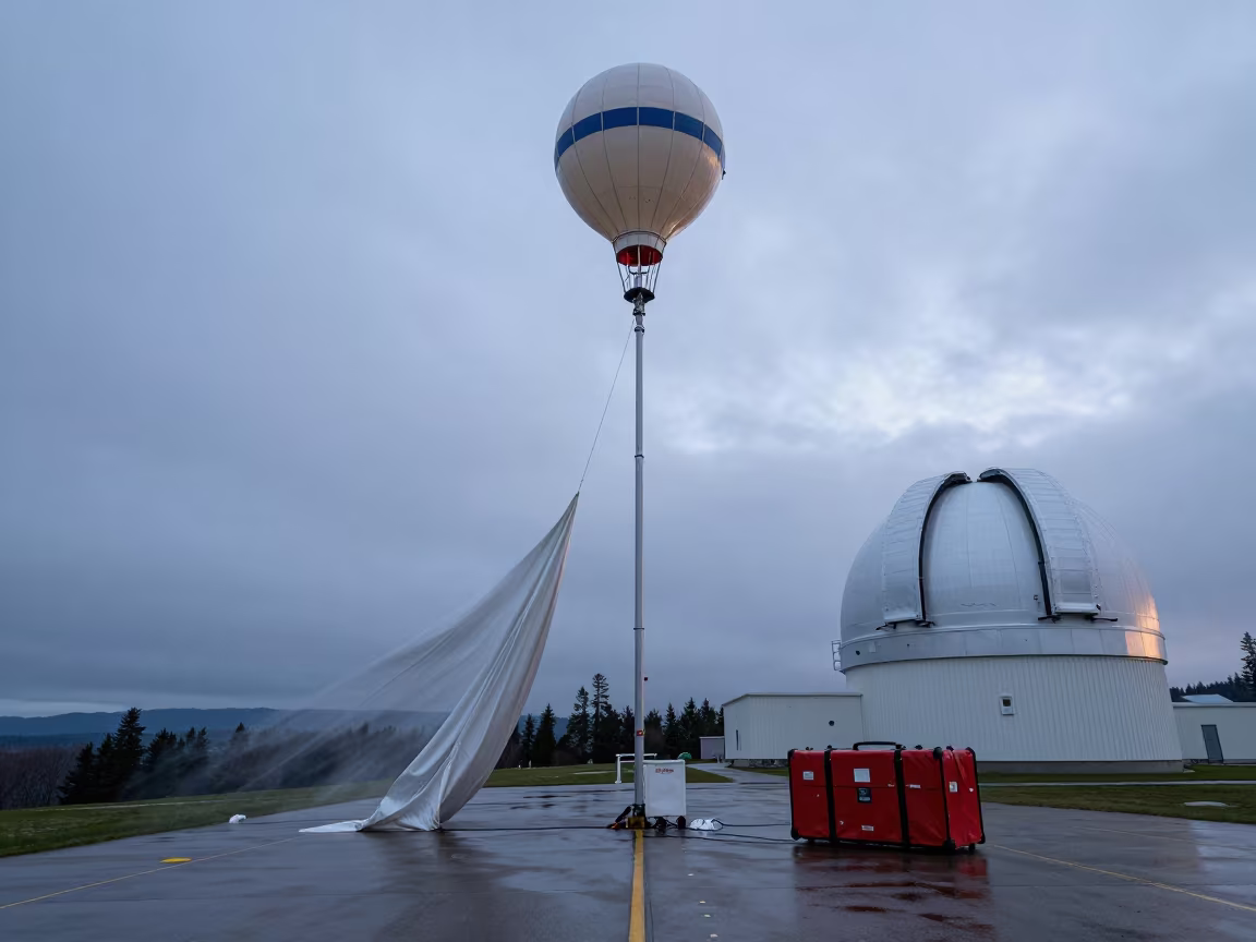 Weather Balloon Launch Tarp Snapping in Predawn Wind in beside an observatory dome in Washington