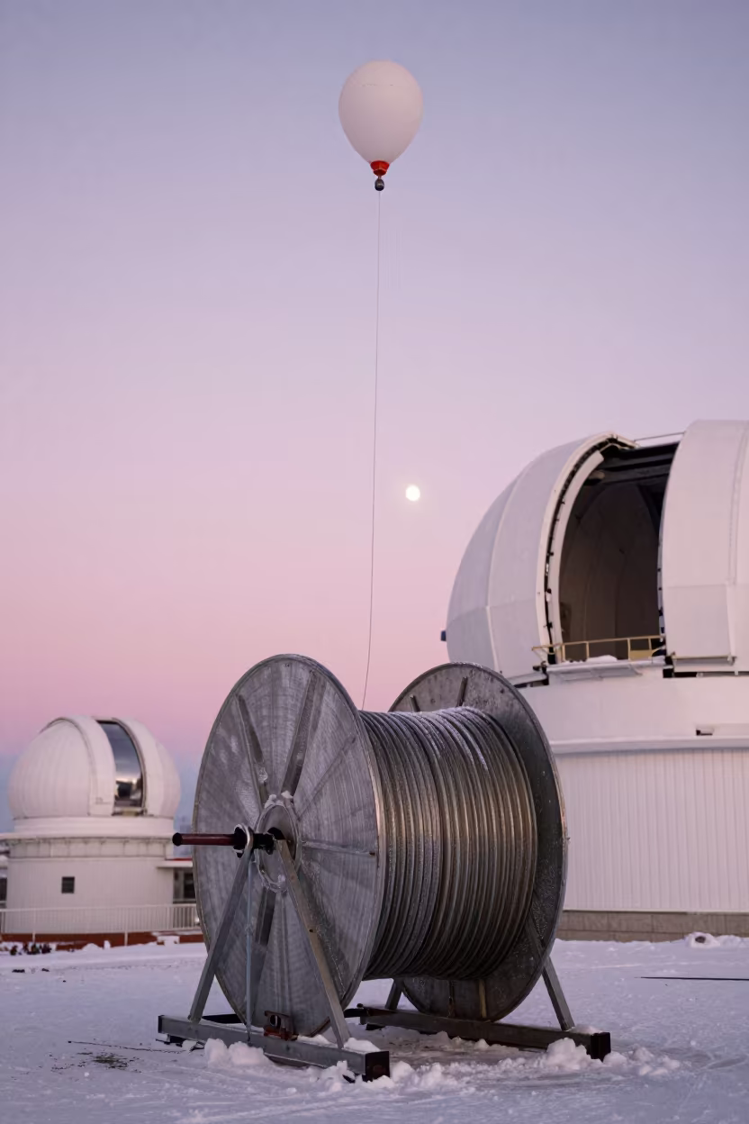 Weather Balloon Spool Night Hebei Observatory in beside an observatory dome in Hebei