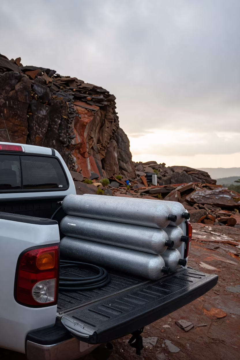 Weather Balloon Truck Tailgate Dawn Geology Outcrop in along a rocky geology outcrop near Wolaita Sodo