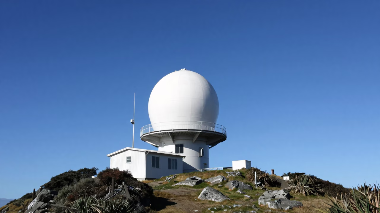 Weather Radar Installation on Wellington Coastal Bluff at Midday in in Wellington, New Zealand