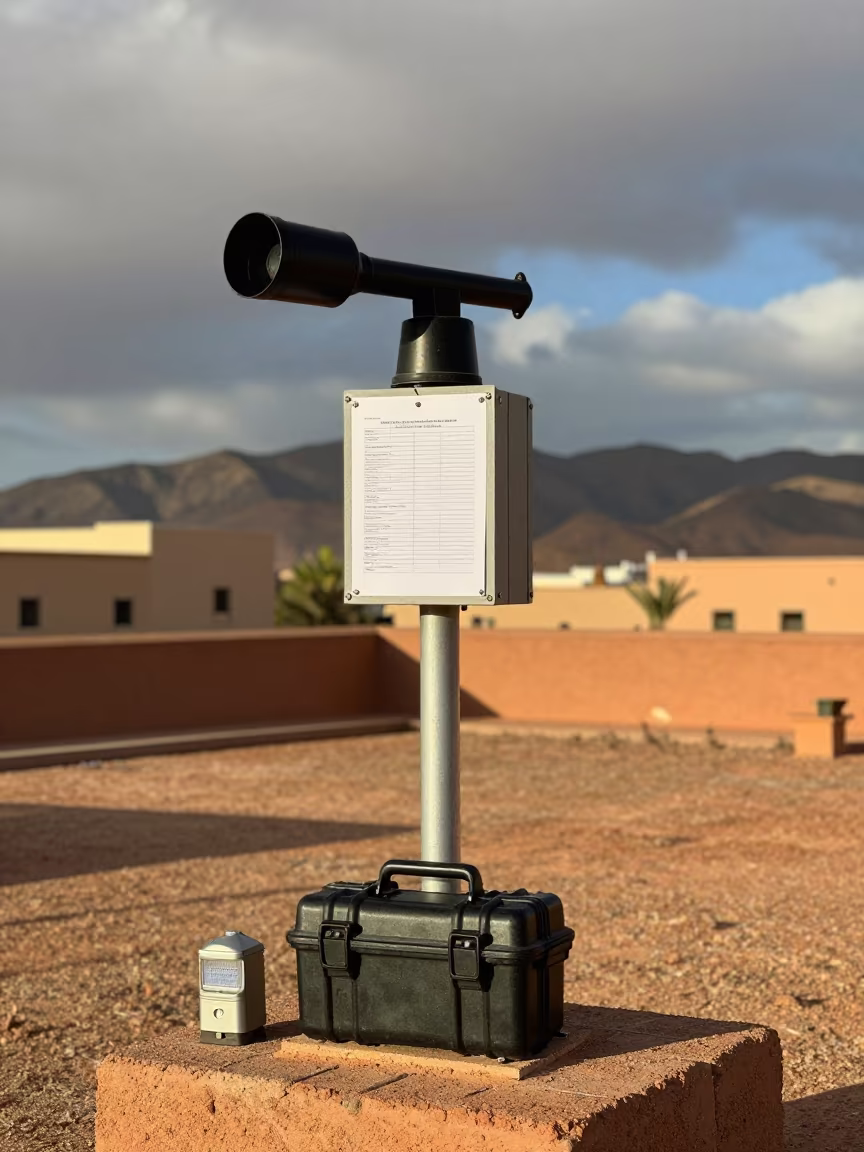 Weather Station Anemometer Case Under Utility Light in on a parade ground in Morocco