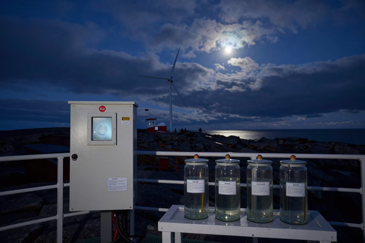 Weather Station Panel and Plankton Jars Night Newfoundland in on a wind-scoured research platform in Newfoundland