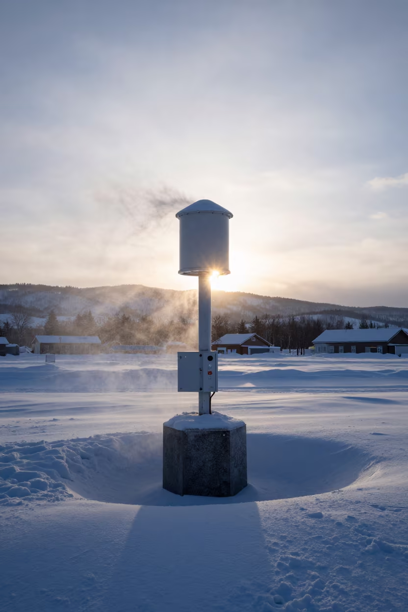 Weather Station Silhouette in Spring Rime Snow in near Sapporo