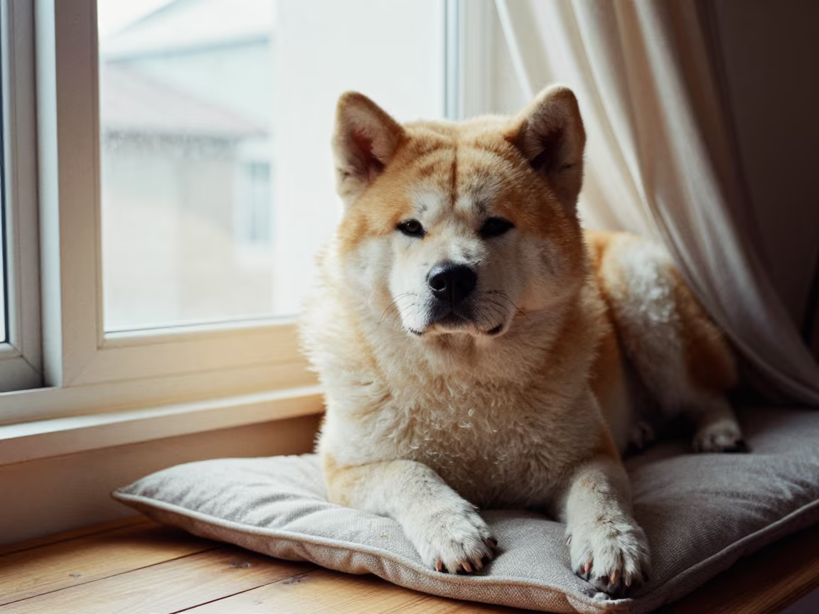Weathered Akita Dog Portrait on Lijiang Window Seat in on a cushioned window seat with soft side light and an uncluttered background in Lijiang