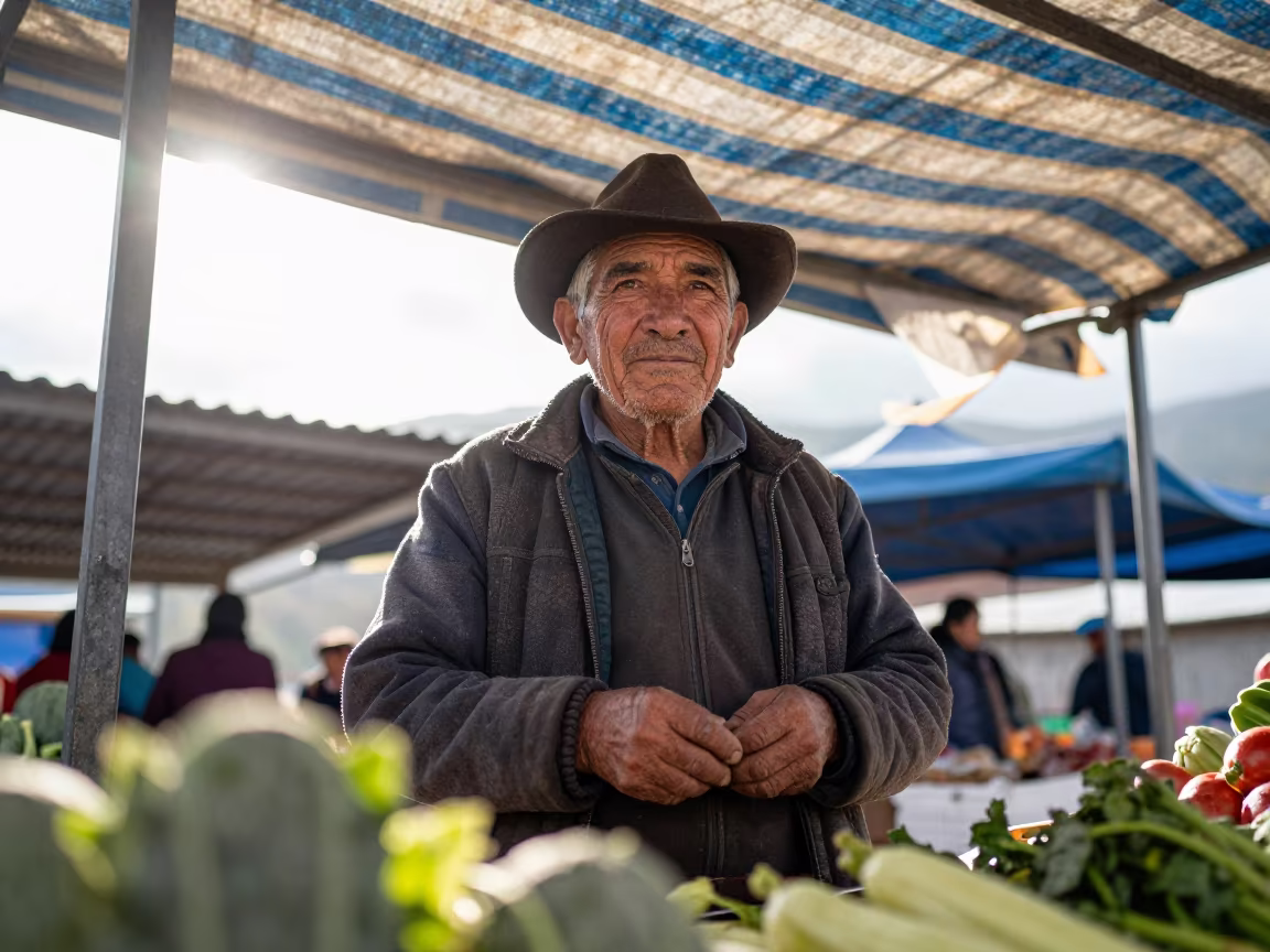 Weathered Face of Alpine Dairy Farmer in Medellín in under a striped market awning near Medellín