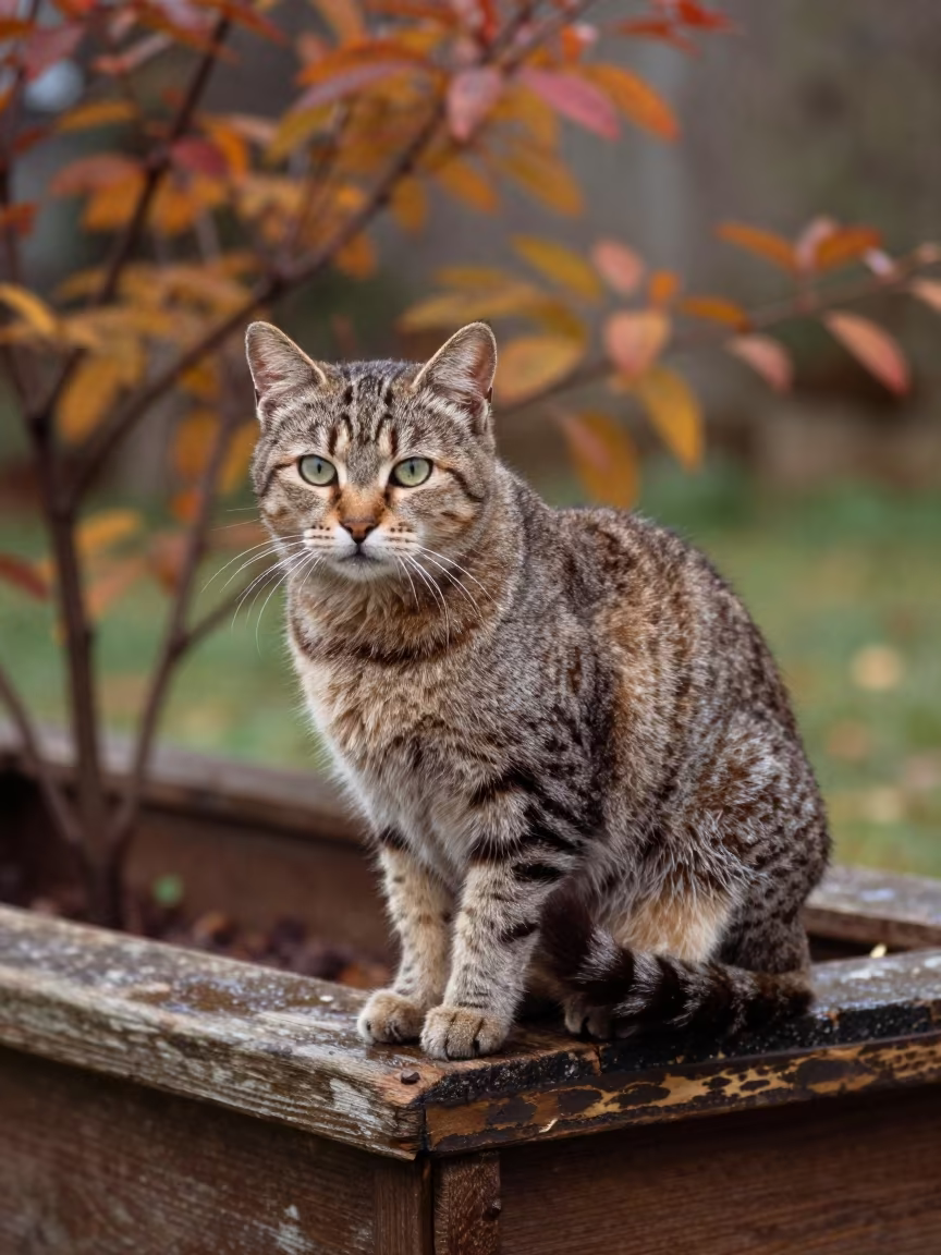 Weathered American Bobtail Portrait in Santiago Garden in near a garden edge with soft morning light and an uncluttered background in Lastarria, Santiago