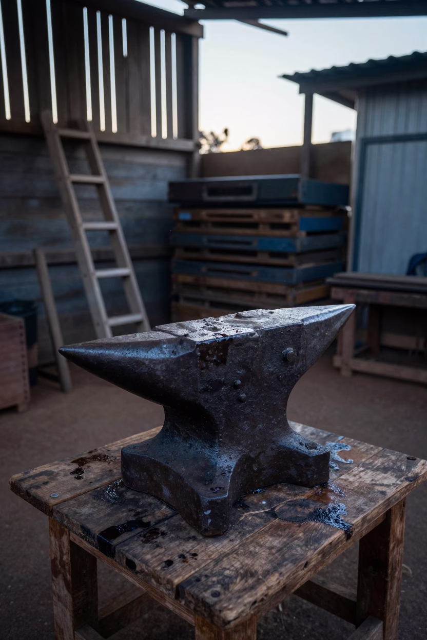 Weathered Anvil on Barn Bench in Kampala Dawn in among orchard ladders and crates in Kampala