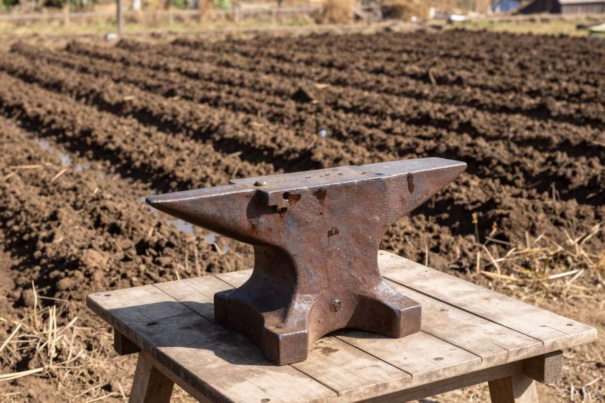 Weathered Anvil on Bench in Irrigated Mountain Field in along freshly irrigated rows in Arunachal Pradesh