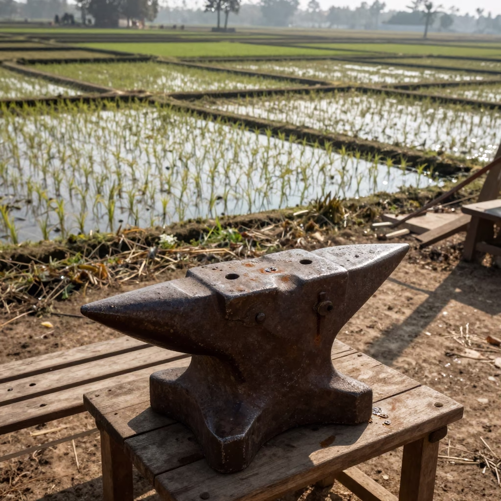 Weathered Anvil on Bench in Sahiwal Rice Fields in among terraced rice paddies in Sahiwal