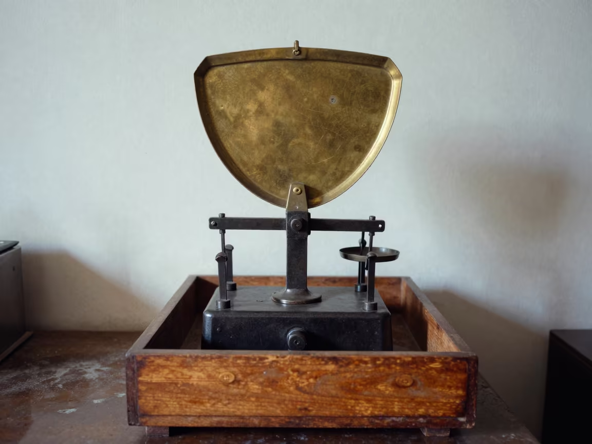 Weathered Apothecary Scale on Workshop Shelf in on a workshop shelf near Tegucigalpa