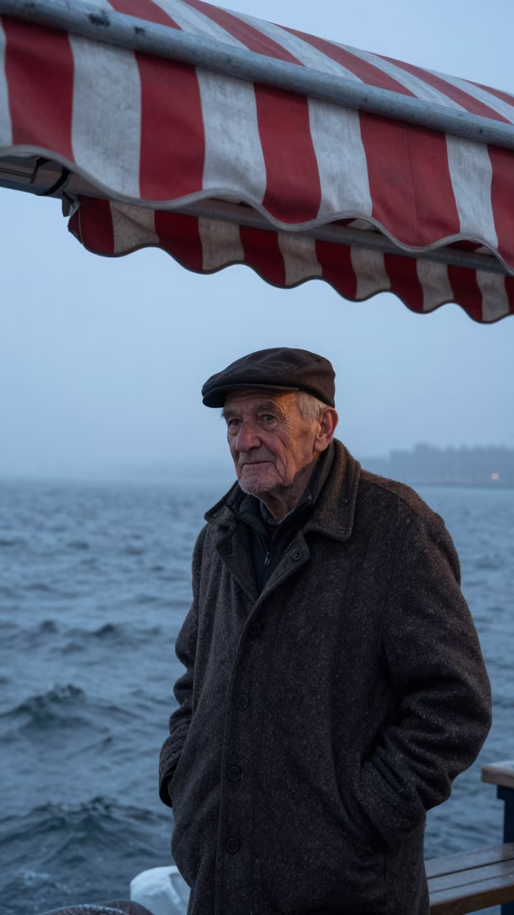 Weathered Arctic Fisherman in Stockholm Dawn in under a striped market awning near Stockholm