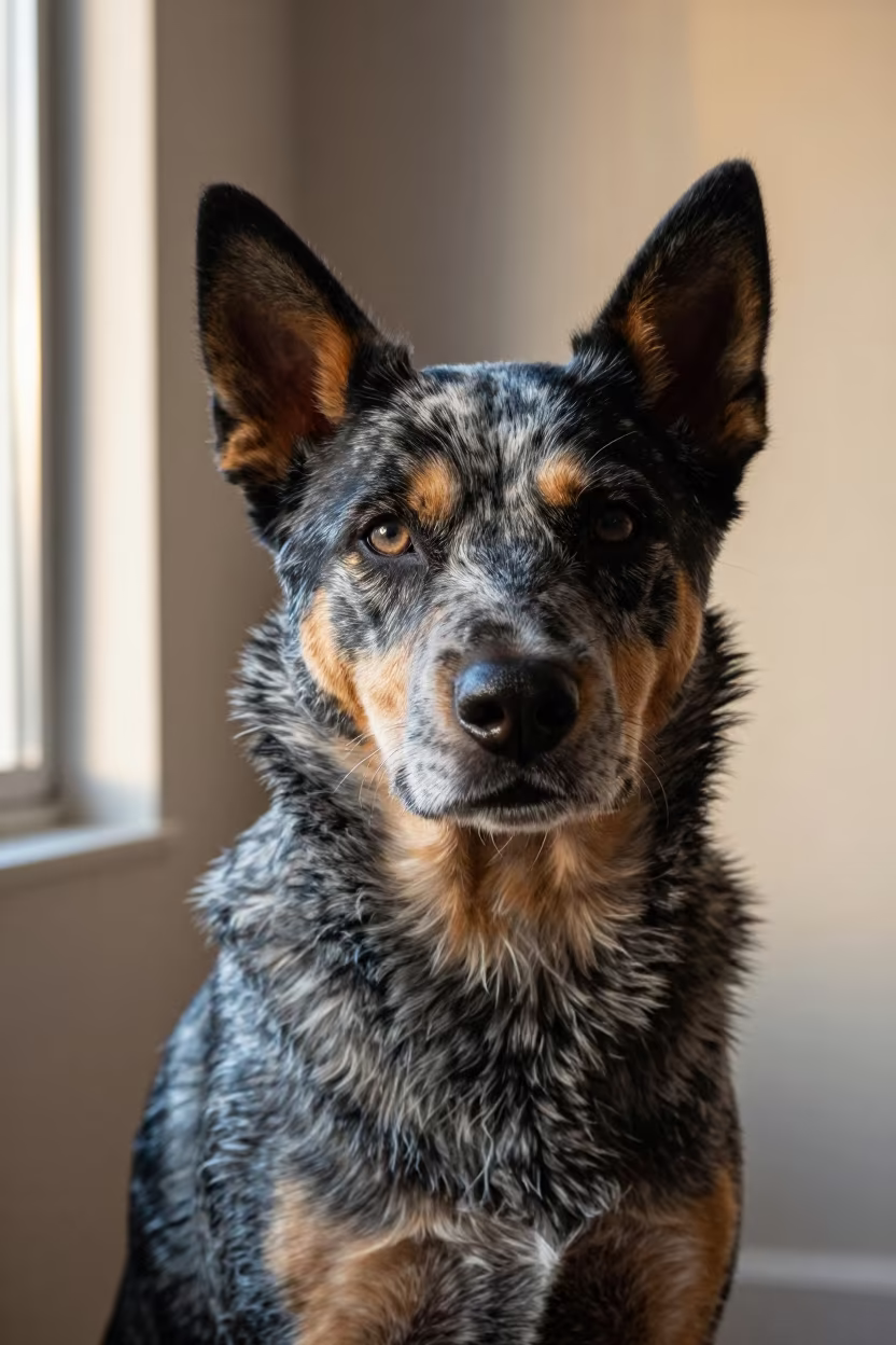 Weathered Australian Cattle Dog Portrait in in a quiet portrait studio with a plain backdrop and eye-level framing near Najaf