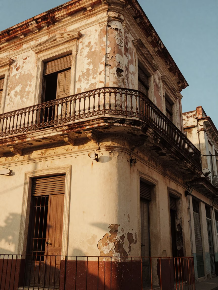 Weathered Balcony in Havana at Late Afternoon Light in in Havana, Cuba