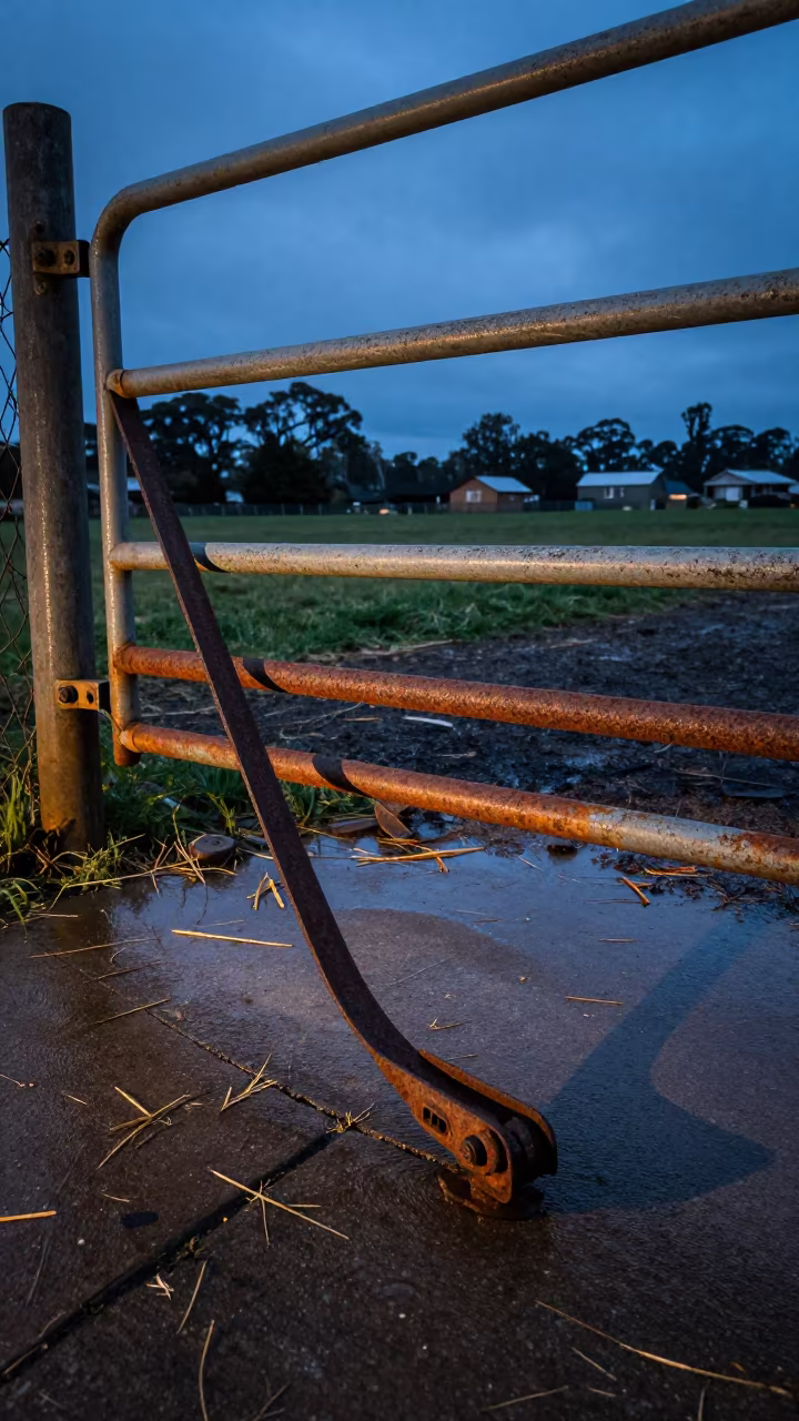 Weathered Barn Fan Belt Drawer at Blue Hour in beside a pasture gate in Victoria