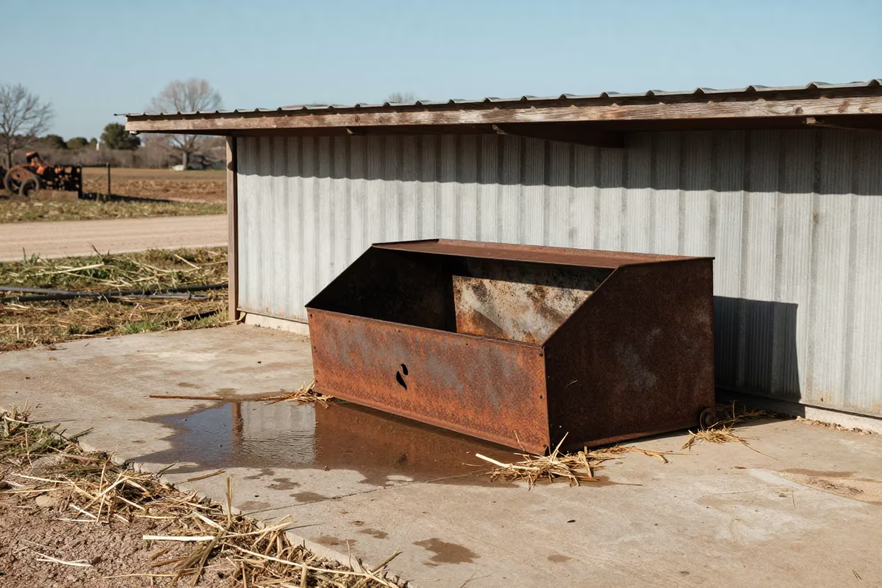 Weathered Barn Fan Belt Drawer Damp Concrete in near a windbreak and water trough in Catalonia