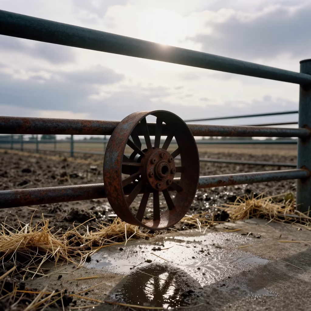 Weathered Barn Fan Belt in Kansas Midmorning Light in along a muddy paddock fence in Kansas