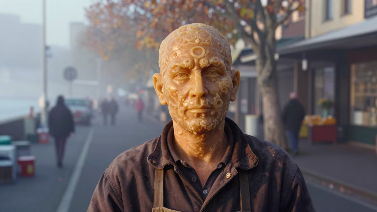 Weathered Beeswax Sculptor in Surry Hills Dawn Mist in along a market lane in Surry Hills, Sydney