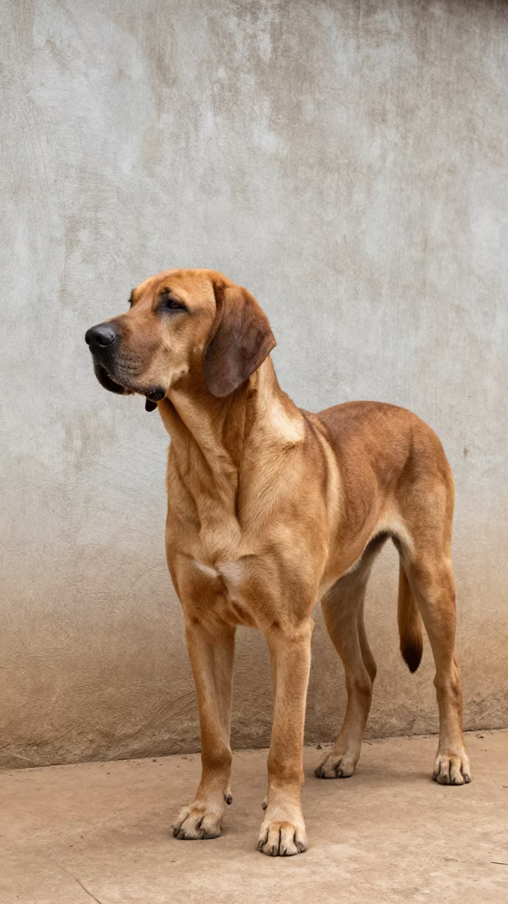 Weathered Bloodhound Portrait Beside Enugu Wall in beside a plain courtyard wall in clear daylight with the animal at eye level near Enugu