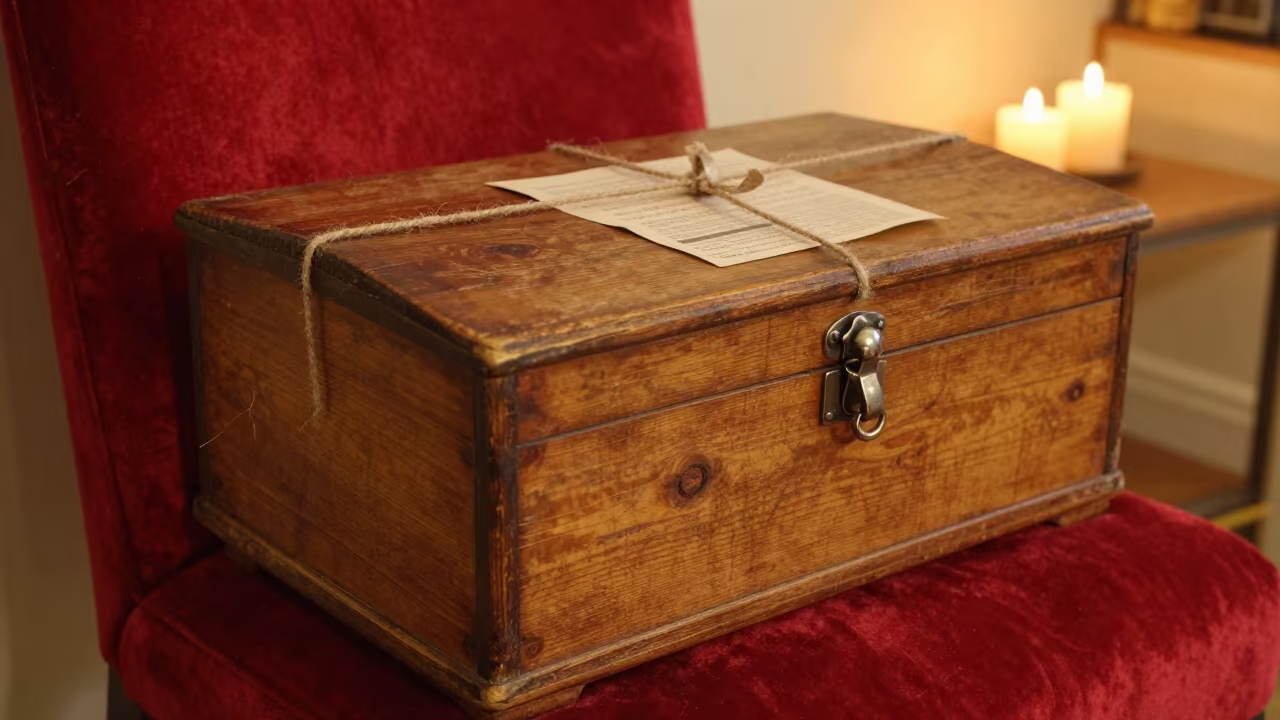 Weathered Breadbox on Velvet Chair in Warm Light in on a velvet chair near Ningbo