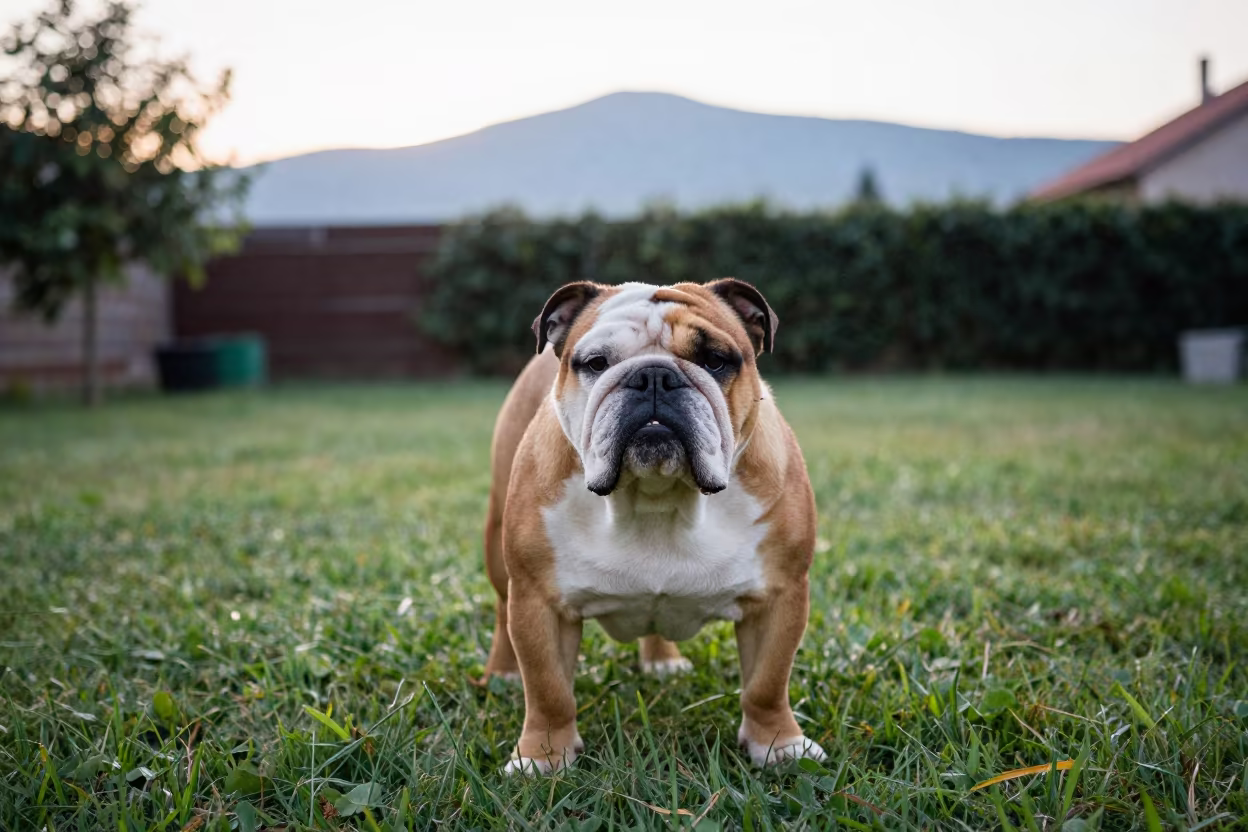 Weathered Bulldog Portrait in Novi Sad Yard in in a small yard with clipped grass, calm light, and the animal centered in frame in Novi Sad