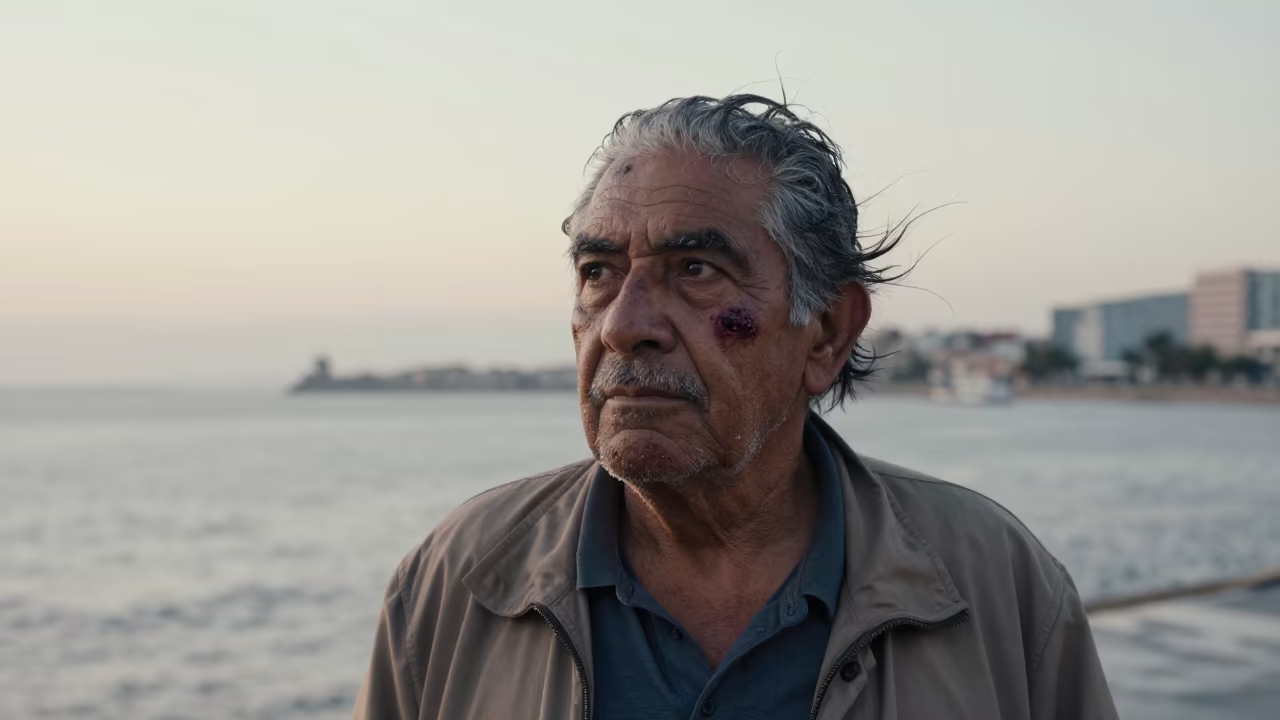 Weathered Bullfighter Face at Mexico City Harbor Dawn in at a harbor edge in Mexico City