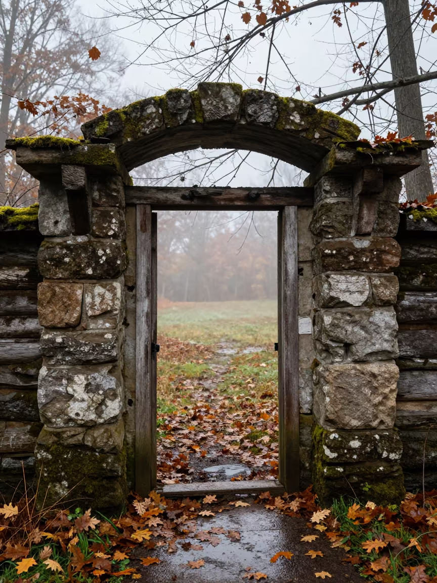 Weathered Cabin Door Frame Under Stone Arch in beneath a broken stone arch near Toronto