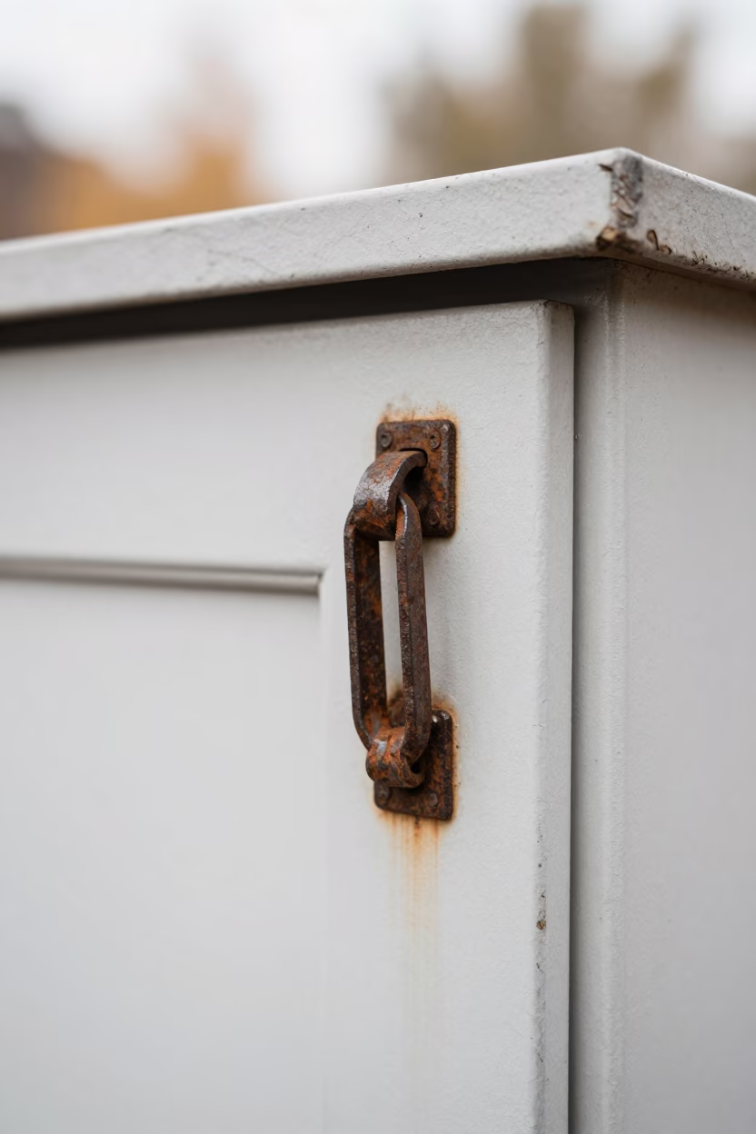 Weathered Cabinet Turnbuckle Benha Late Autumn Light in on a painted display ledge in Benha