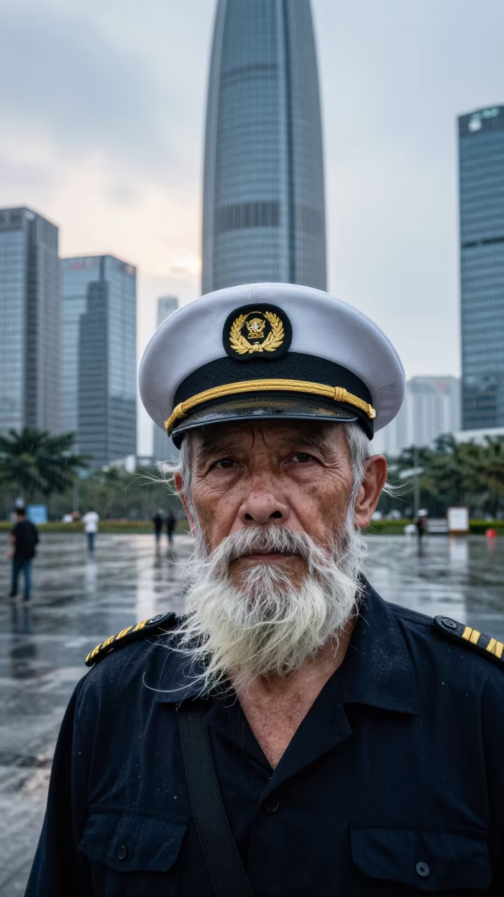 Weathered Captain in Shenzhen Dawn Light in at a public square in Shenzhen