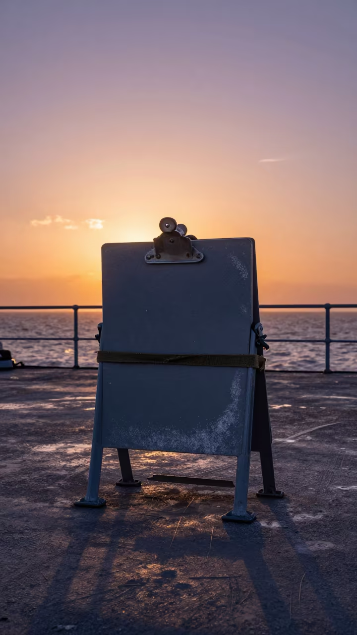 Weathered Clipboard Rack on Naval Deck at Sunset in on a naval deck in rough wind in Turkmenistan
