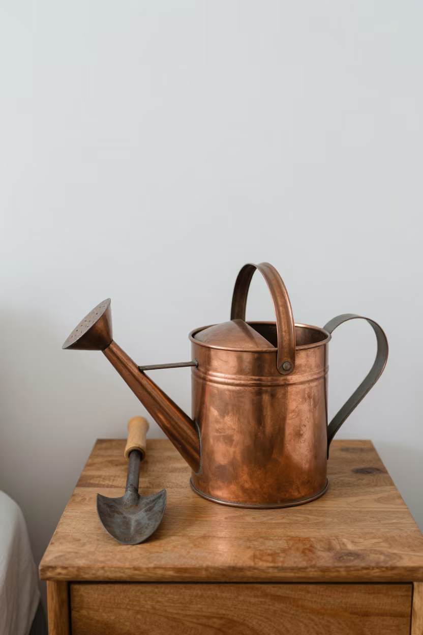 Weathered Copper Watering Can on Bedside Table in on a bedside table in Quezon City