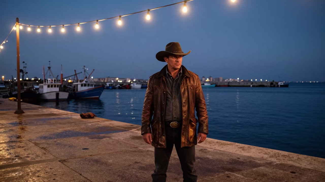 Weathered Cowboy at Aden Harbor Predawn in at a harbor edge in Aden
