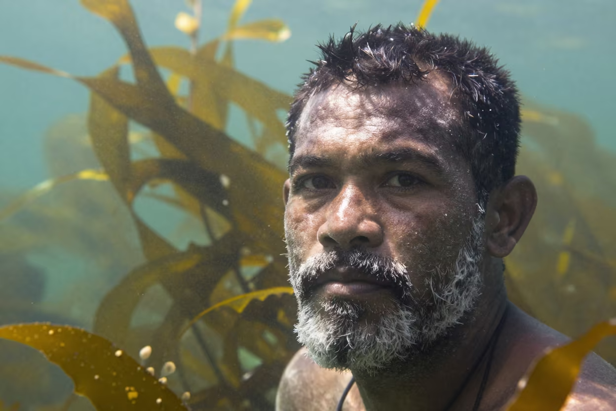 Weathered Crab Fisherman Face Underwater Philippines in along a kelp-fringed shelf in Philippines