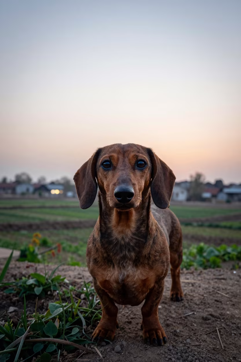 Weathered Dachshund Portrait at Garden Edge in near a garden edge with soft morning light and an uncluttered background in Jaranwala