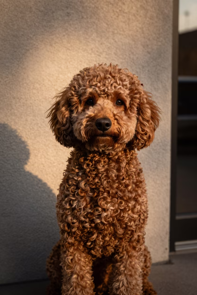 Weathered Dignity of a Poodle in Chinatown in beside a plain plaster wall in soft indoor light with the animal centered in frame in Chinatown, New York
