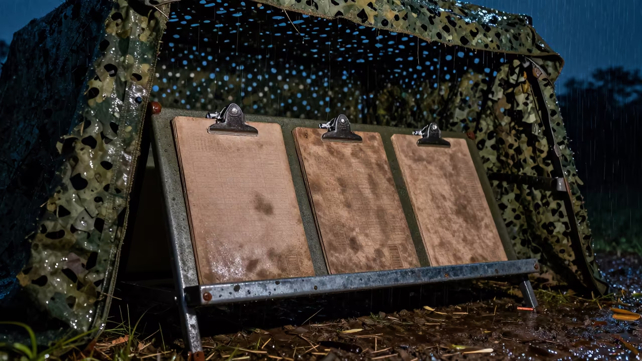 Weathered Dispatch Clipboard Rack Under Camo Net in beneath a camouflage net shelter in Alabama