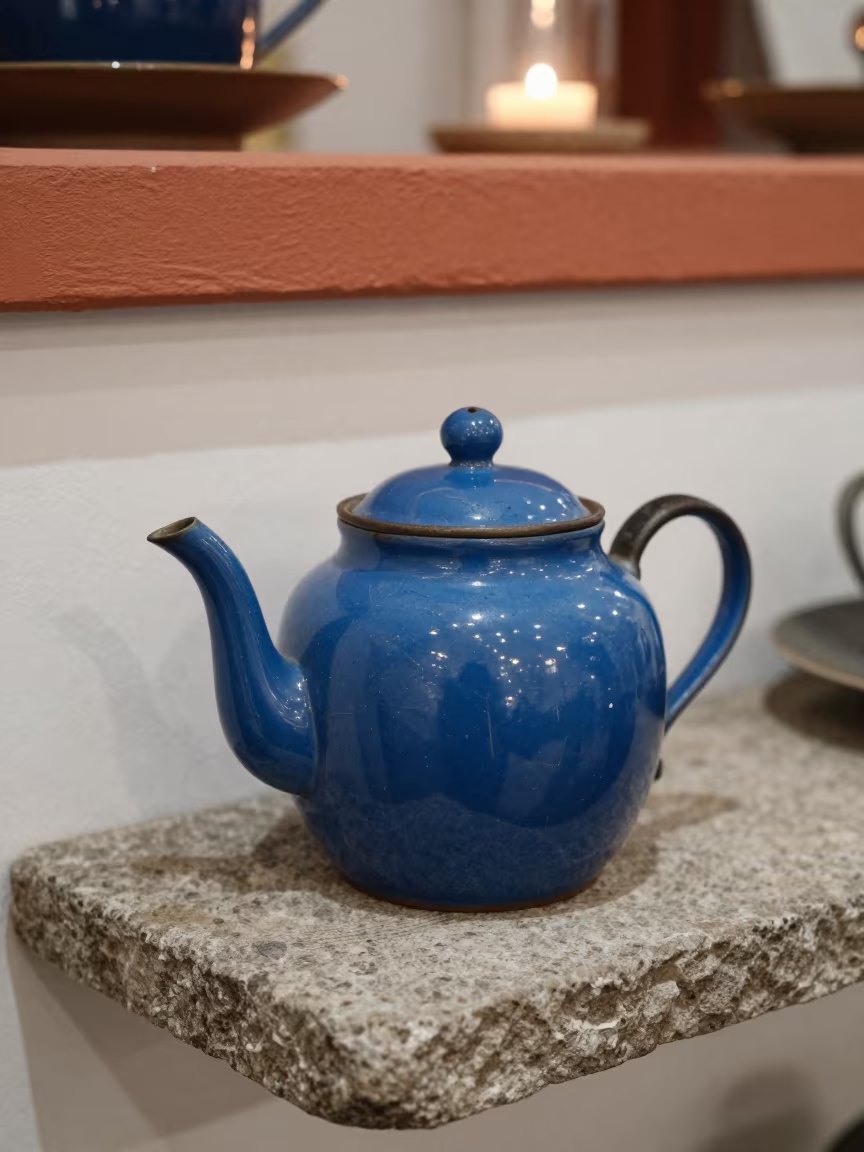 Weathered Enameled Teapot on Stone Ledge in on a painted display ledge near Puebla