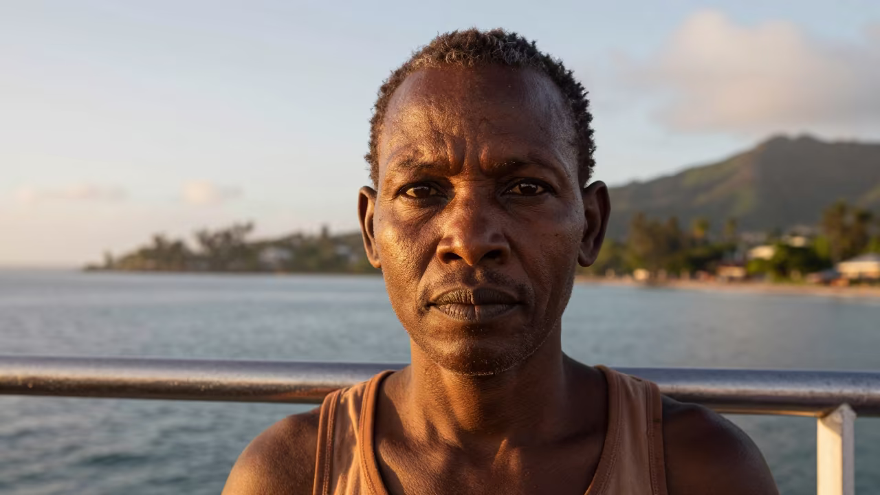 Weathered Face Beside Ferry Railing Victoria Seychelles in near Victoria Seychelles
