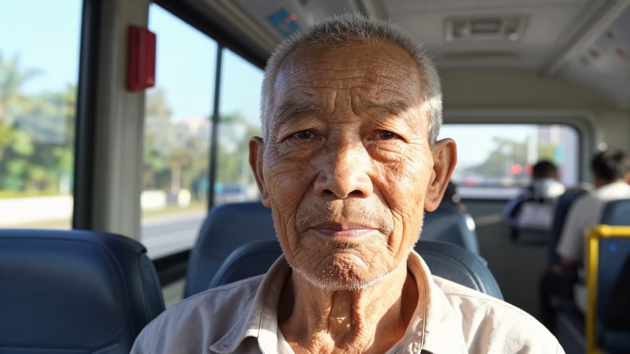 Weathered Face Illuminated by Bus Window in in Xiamen