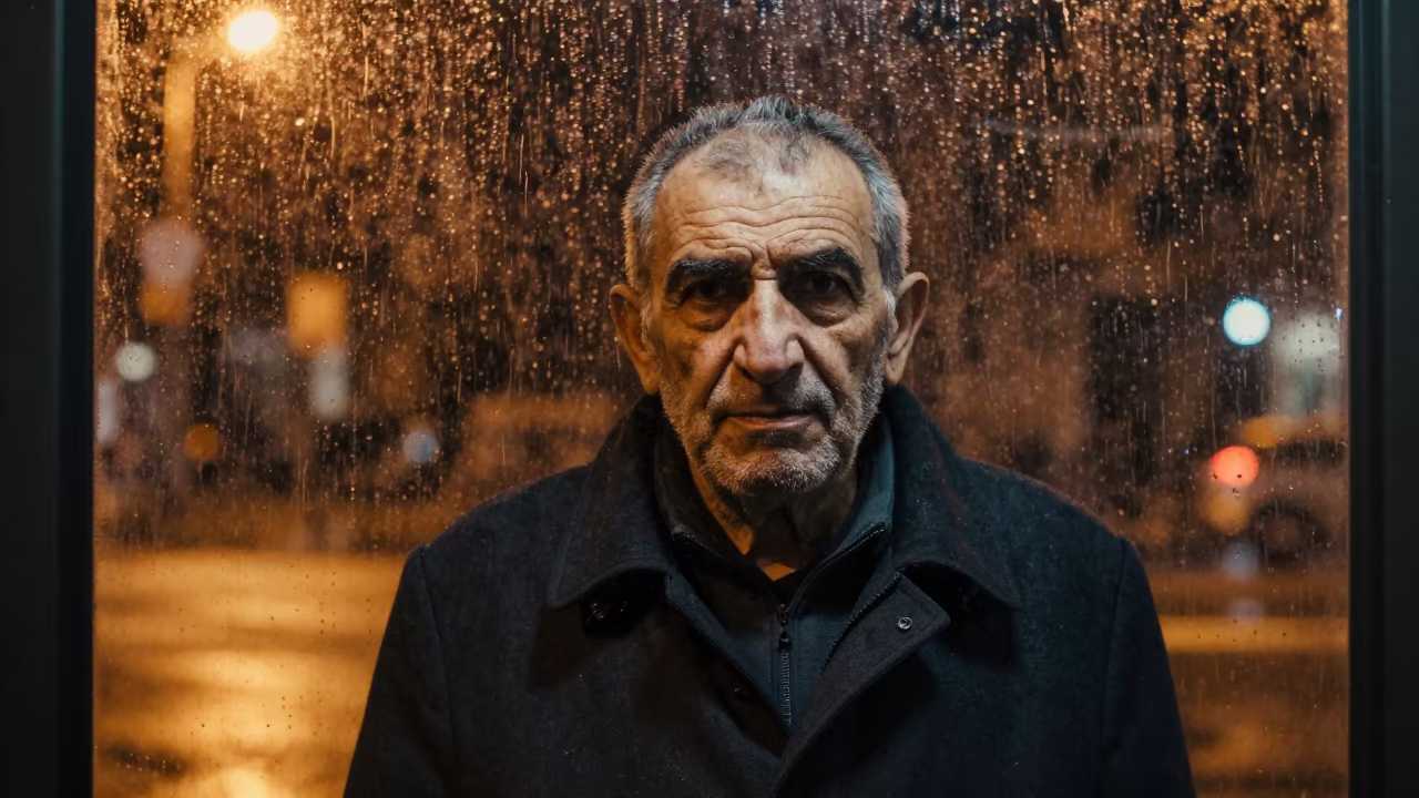 Weathered Face Behind Rain-Streaked Glass Sidon Night in in Sidon