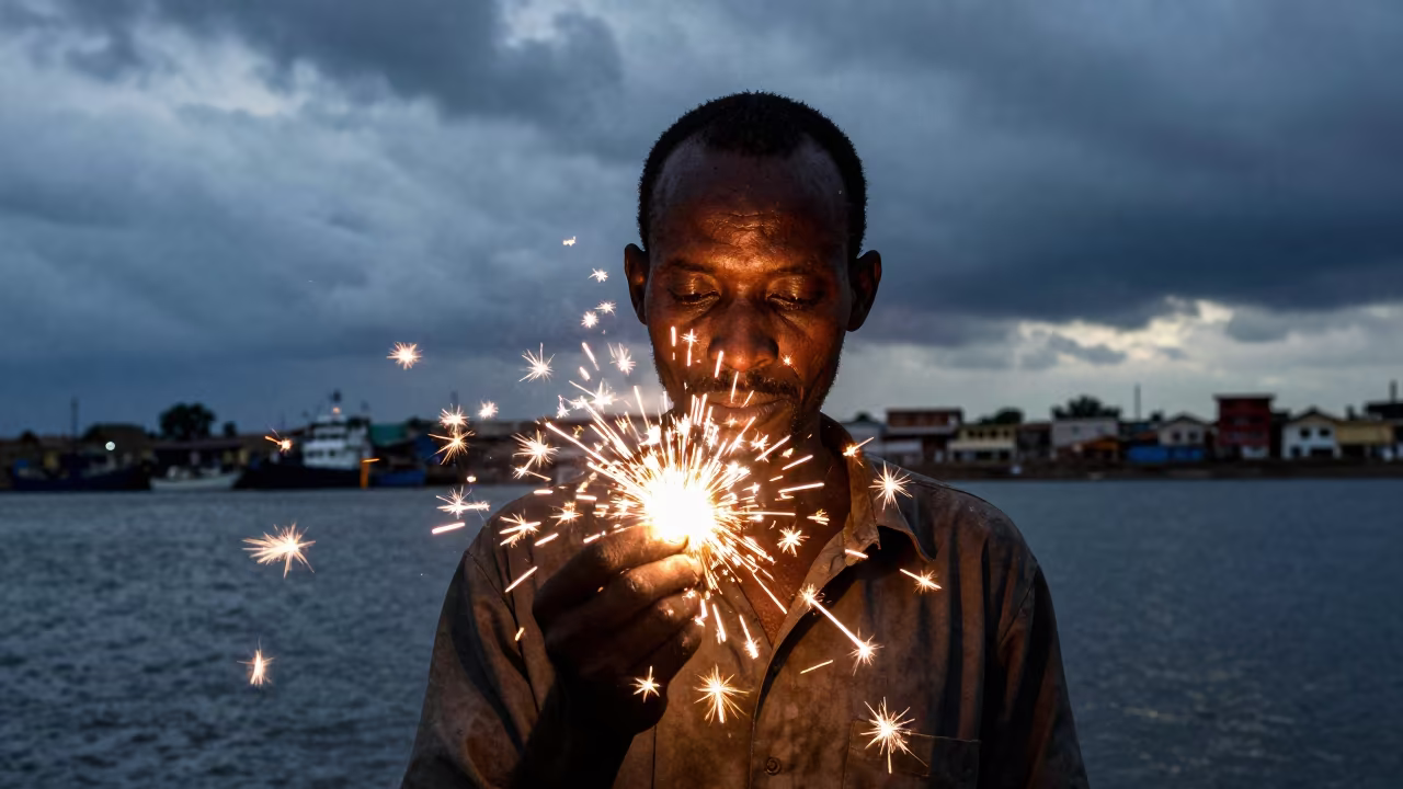 Weathered Face Framed by Welding Sparks at Niamey Harbor in at a harbor edge in Niamey