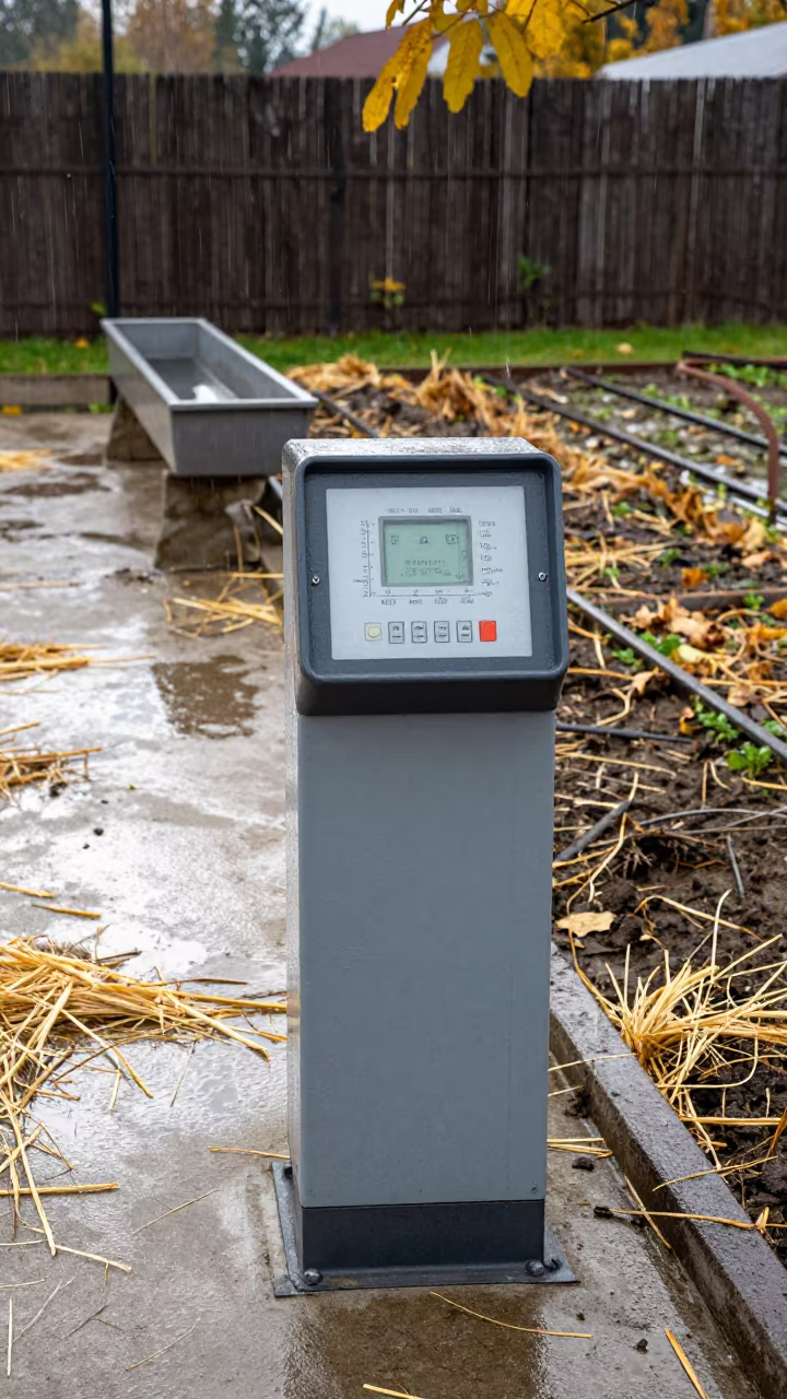 Weathered Farrowing Controller Near Trough in near a windbreak and water trough in Lithuania