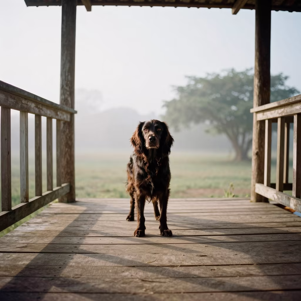 Weathered Field Spaniel on Shaded Puerto Cabello Porch in on a shaded front porch with boards, railings, and eye-level framing in Puerto Cabello