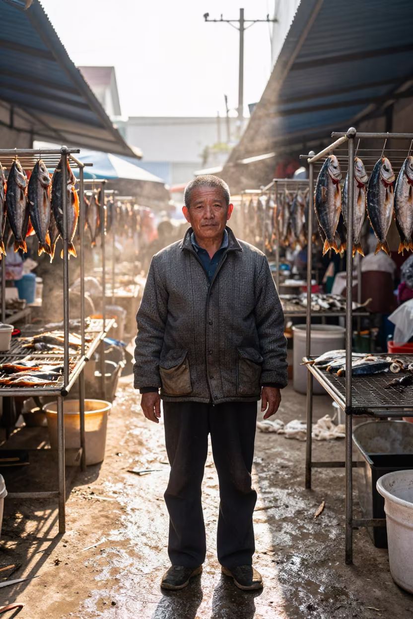 Weathered Fish Smoker Kunming Market Lane Winter in along a market lane in Kunming
