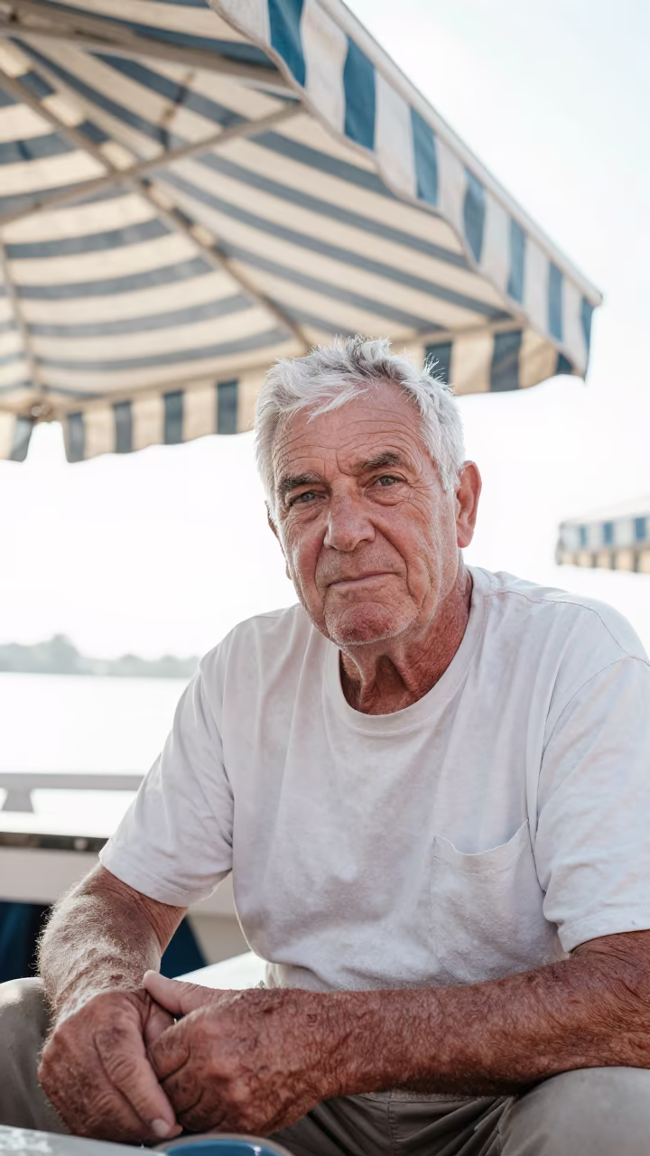 Weathered Fisherman Face with Hook Scars Oxford in under a striped market awning near Oxford