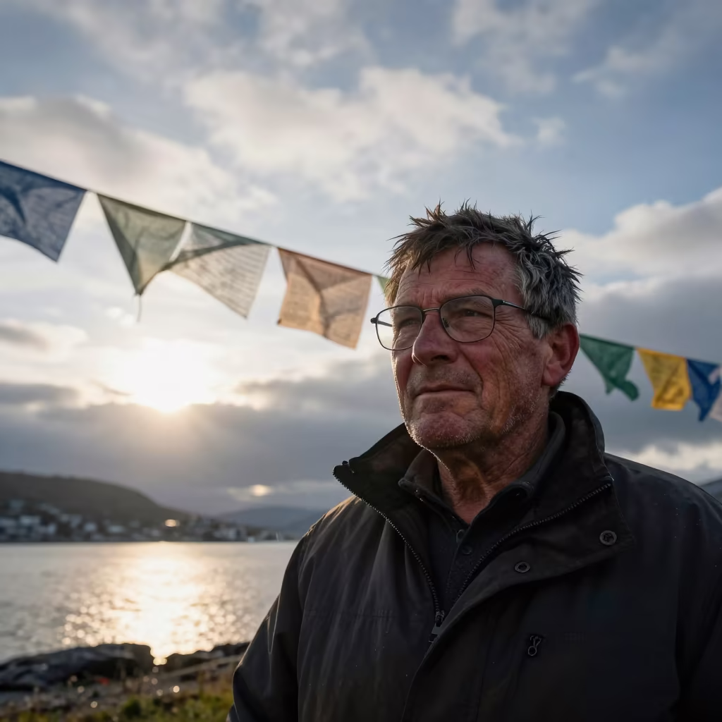 Weathered Fisherman Face Oslo Morning Sun in beneath a line of prayer flags near Oslo