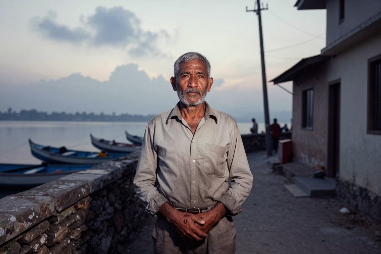 Weathered Fisherman Face in Rudrapur Dawn Light in in a narrow stone alley near Rudrapur