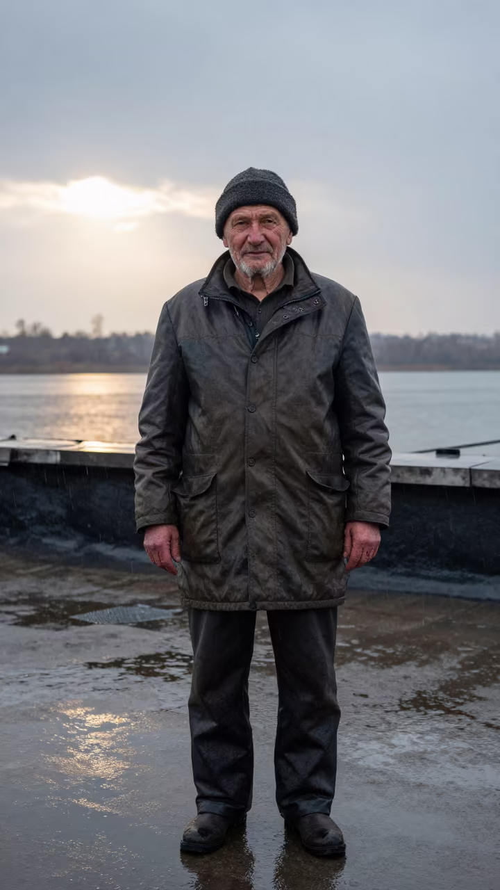 Weathered Fisherman Portrait with Hook Scars in along a windswept rooftop near Kemerovo